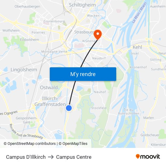 Campus D'Illkirch to Campus Centre map