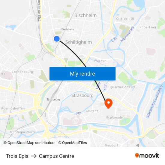 Trois Epis to Campus Centre map