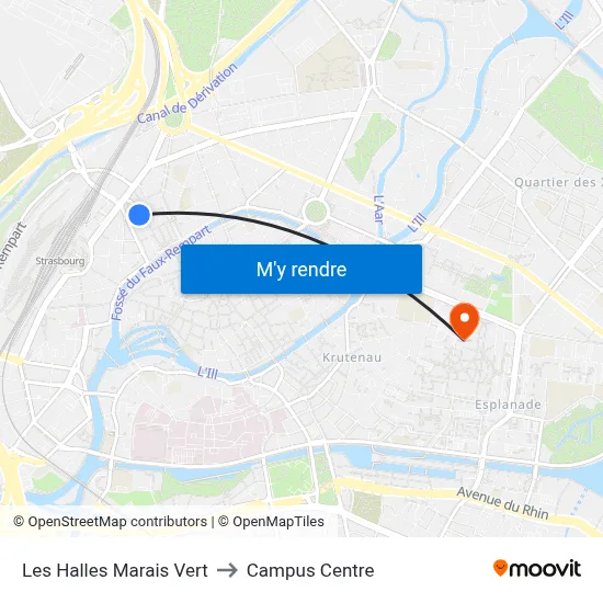 Les Halles Marais Vert to Campus Centre map