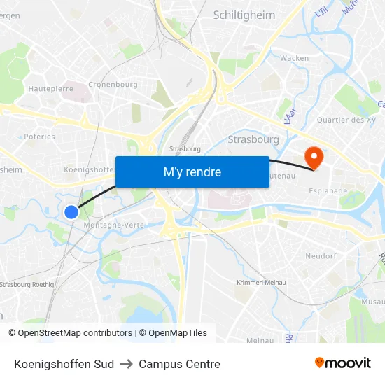 Koenigshoffen Sud to Campus Centre map