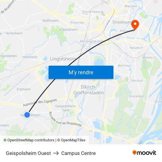 Geispolsheim Ouest to Campus Centre map