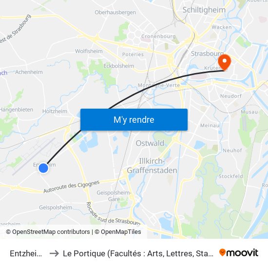 Entzheim Centre to Le Portique (Facultés : Arts, Lettres, Staps Et Direction Du Numérique) map