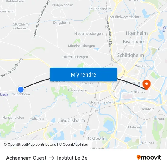Achenheim Ouest to Institut Le Bel map