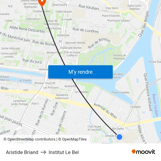 Aristide Briand to Institut Le Bel map