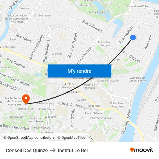 Conseil Des Quinze to Institut Le Bel map