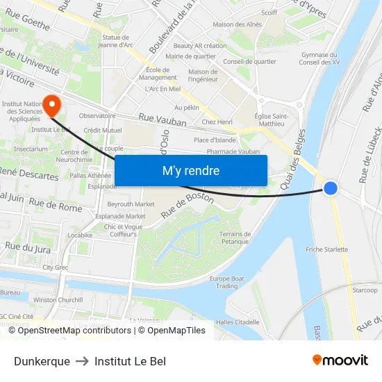 Dunkerque to Institut Le Bel map