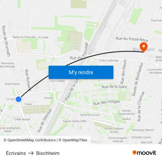 Écrivains to Bischheim map