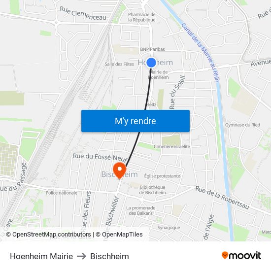 Hoenheim Mairie to Bischheim map