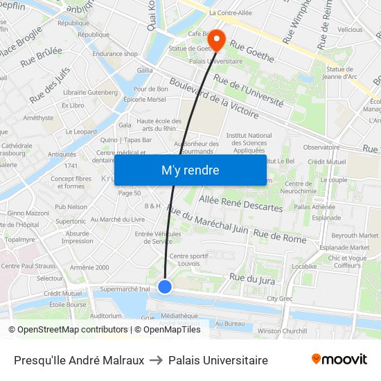 Presqu'Ile André Malraux to Palais Universitaire map