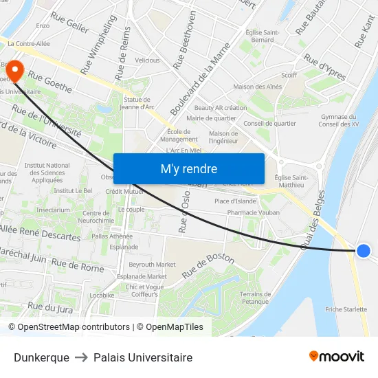 Dunkerque to Palais Universitaire map