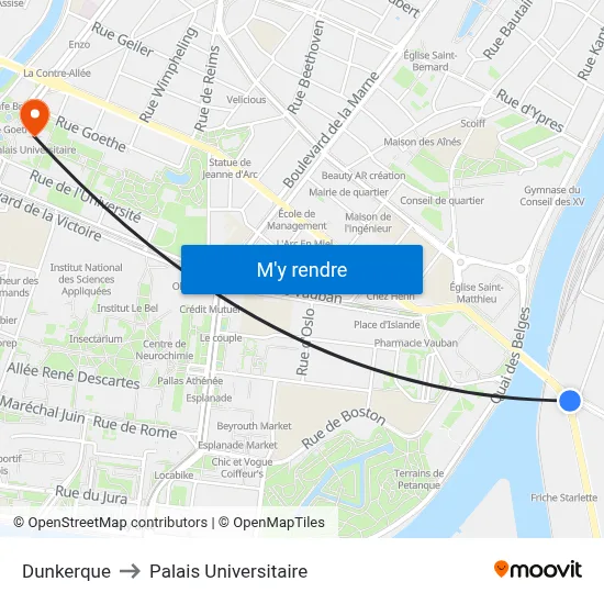 Dunkerque to Palais Universitaire map