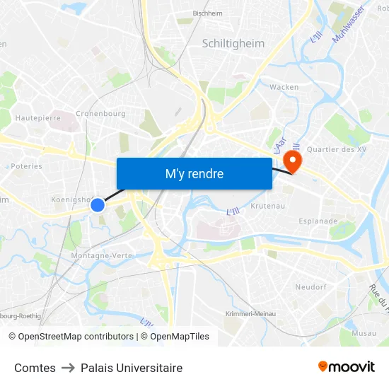 Comtes to Palais Universitaire map