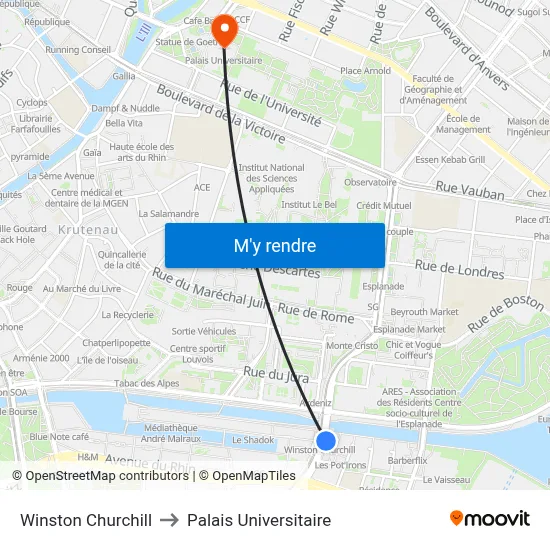 Winston Churchill to Palais Universitaire map