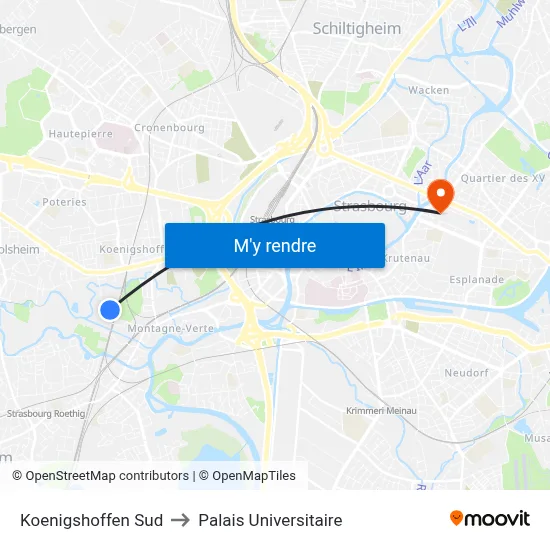 Koenigshoffen Sud to Palais Universitaire map