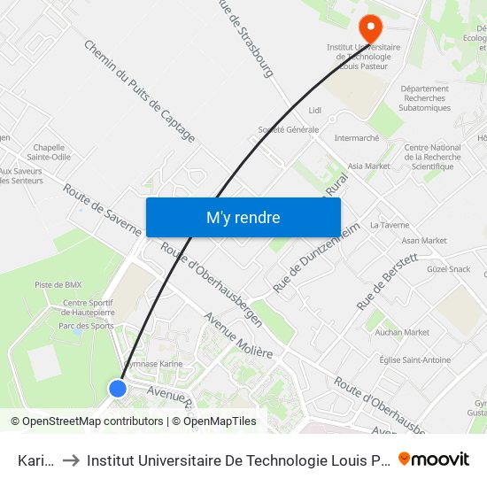 Karine to Institut Universitaire De Technologie Louis Pasteur map