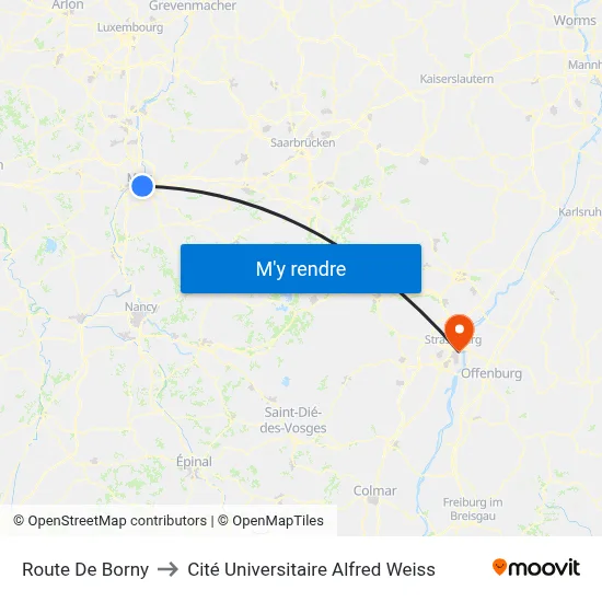 Route De Borny to Cité Universitaire Alfred Weiss map