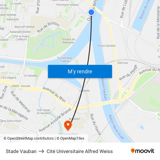 Stade Vauban to Cité Universitaire Alfred Weiss map