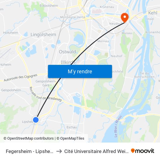 Fegersheim - Lipsheim to Cité Universitaire Alfred Weiss map