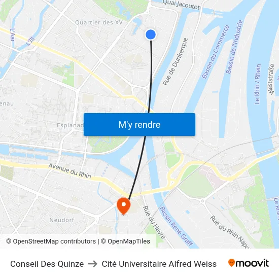 Conseil Des Quinze to Cité Universitaire Alfred Weiss map