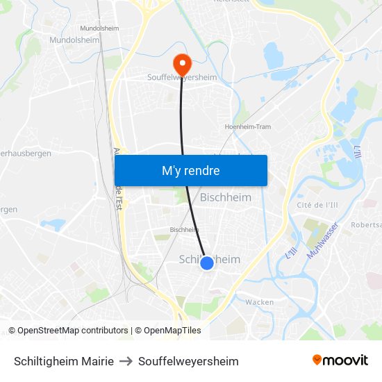 Schiltigheim Mairie to Souffelweyersheim map