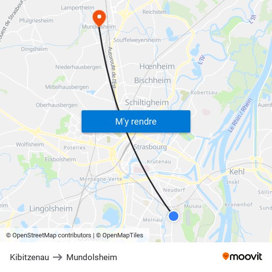 Kibitzenau to Mundolsheim map