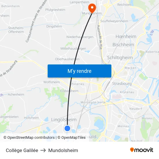 Collège Galilée to Mundolsheim map