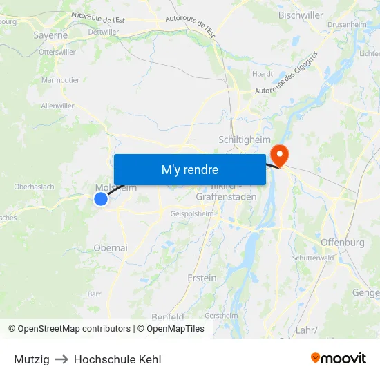 Mutzig to Hochschule Kehl map