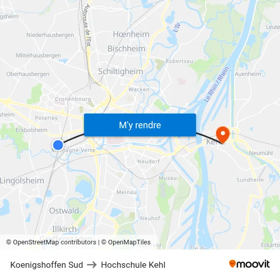 Koenigshoffen Sud to Hochschule Kehl map