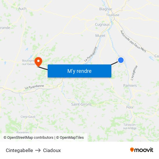 Cintegabelle to Ciadoux map