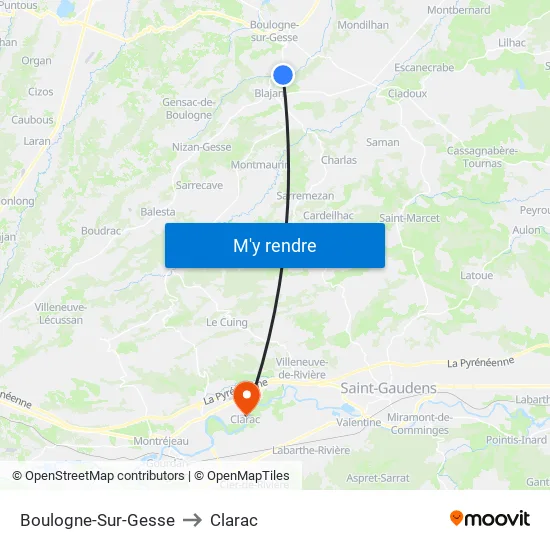 Boulogne-Sur-Gesse to Clarac map