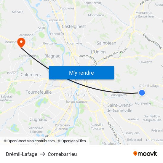 Drémil-Lafage to Cornebarrieu map