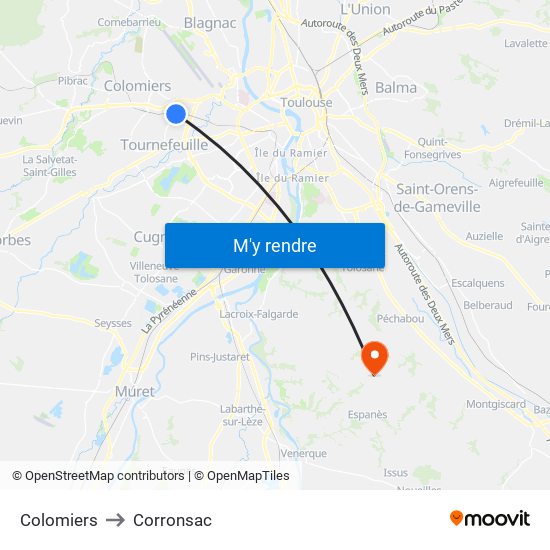 Colomiers to Corronsac map