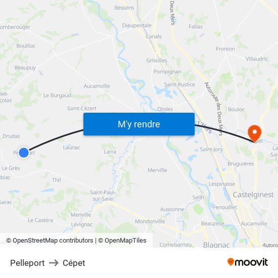 Pelleport to Cépet map