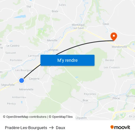 Pradère-Les-Bourguets to Daux map