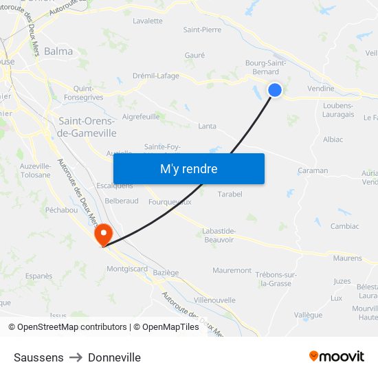 Saussens to Donneville map