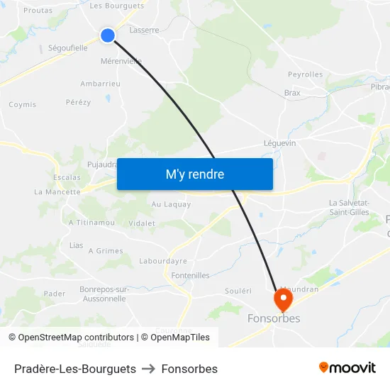 Pradère-Les-Bourguets to Fonsorbes map