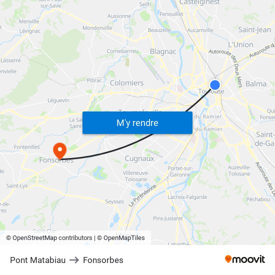 Pont Matabiau to Fonsorbes map