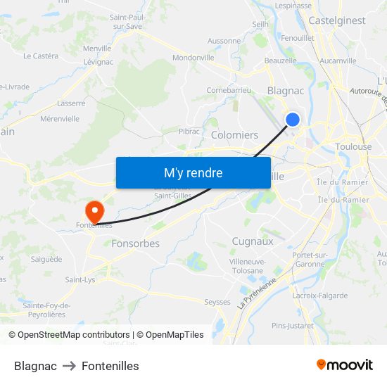 Blagnac to Fontenilles map