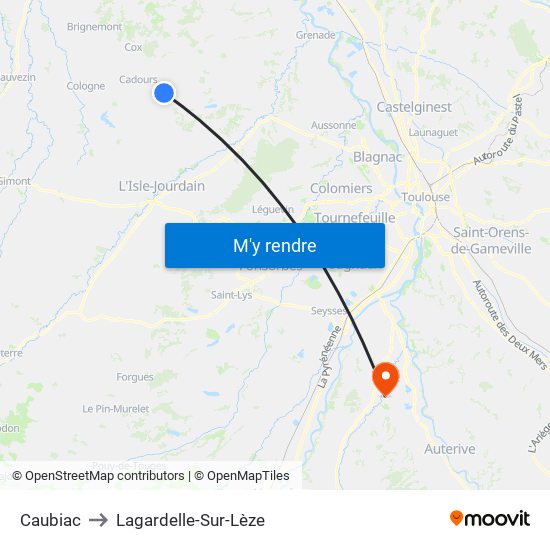 Caubiac to Lagardelle-Sur-Lèze map