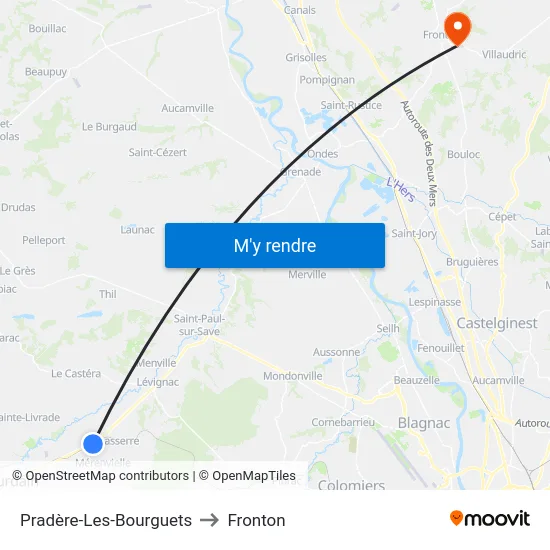 Pradère-Les-Bourguets to Fronton map