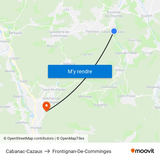 Cabanac-Cazaux to Frontignan-De-Comminges map