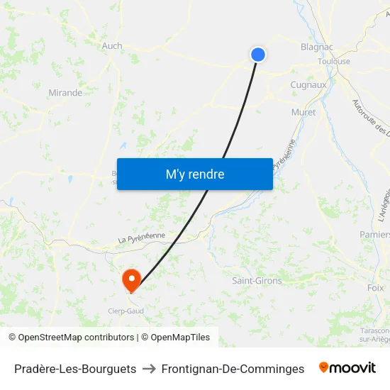 Pradère-Les-Bourguets to Frontignan-De-Comminges map