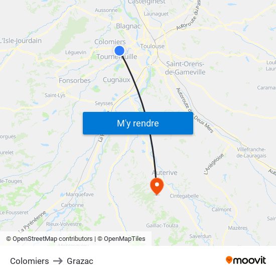 Colomiers to Grazac map