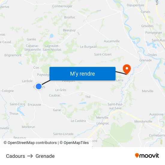 Cadours to Grenade map