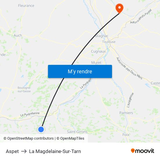 Aspet to La Magdelaine-Sur-Tarn map