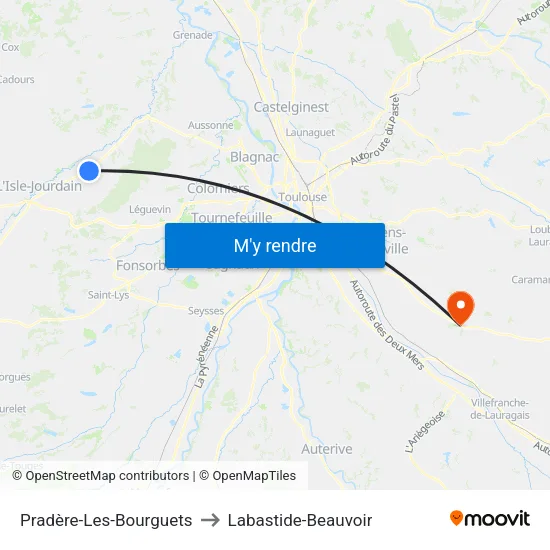 Pradère-Les-Bourguets to Labastide-Beauvoir map
