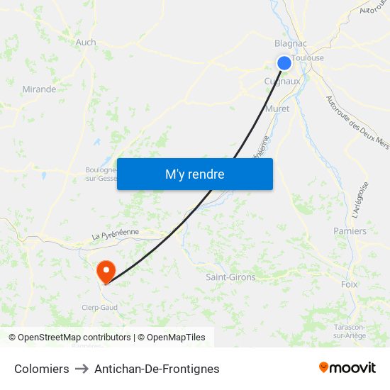 Colomiers to Antichan-De-Frontignes map