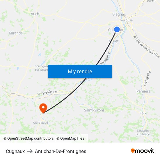 Cugnaux to Antichan-De-Frontignes map