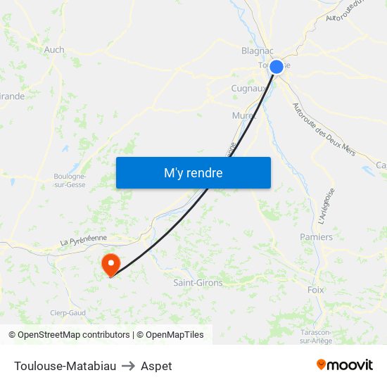 Toulouse-Matabiau to Aspet map