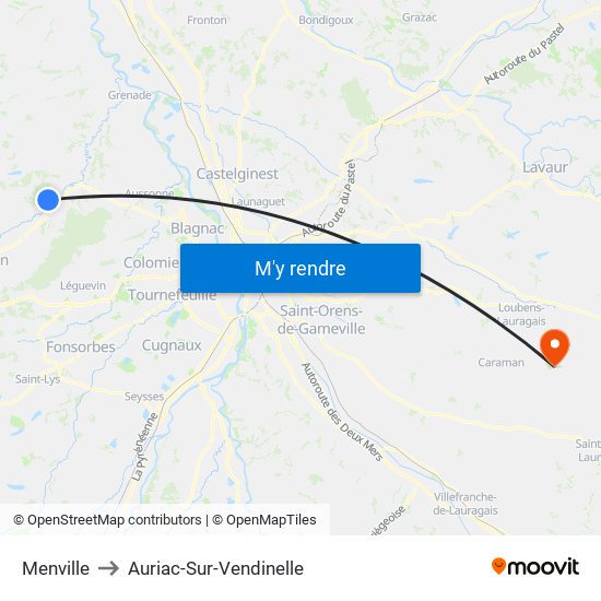 Menville to Auriac-Sur-Vendinelle map